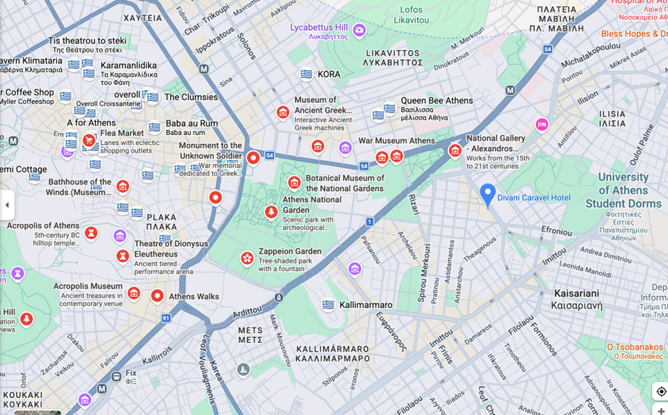 Map showing the location of Divani Caravel Hotel in Athens